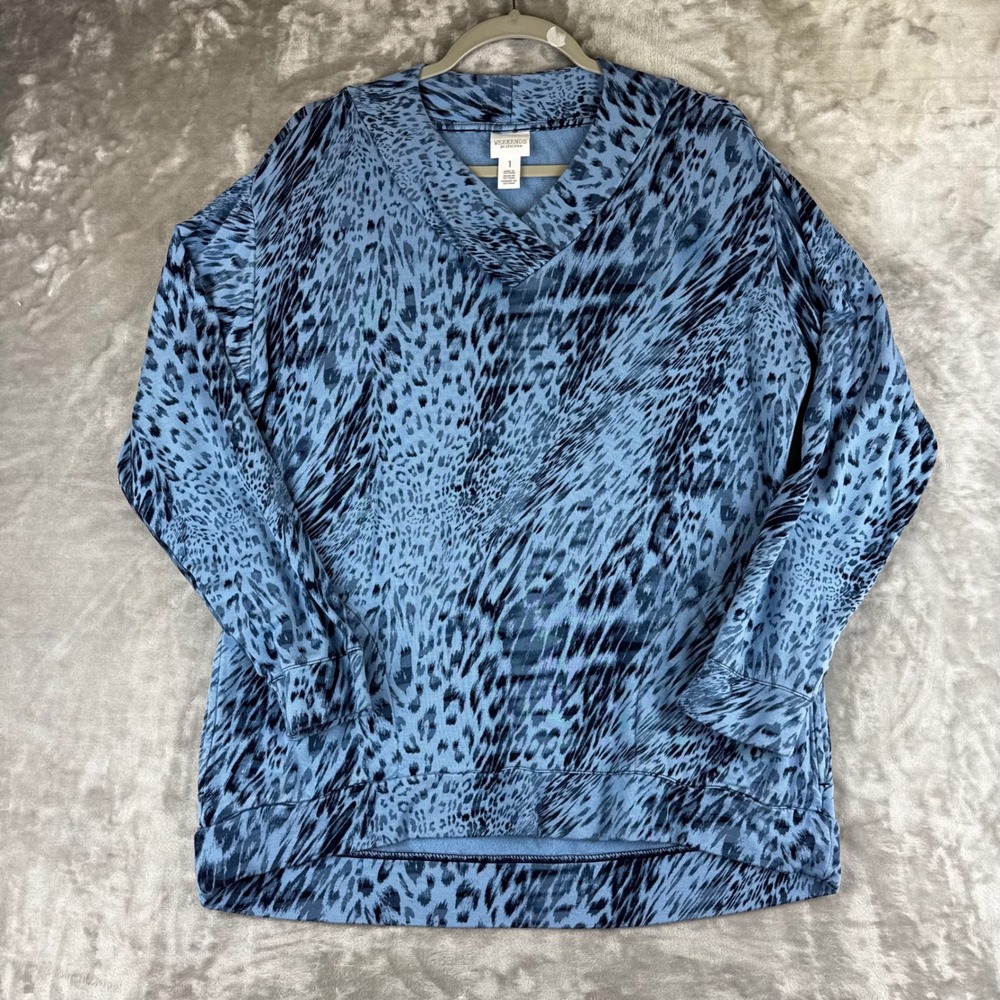 Weekends by Chico's Pullover Women 1 Blue Animal Print Cowl Neck (xxxx)